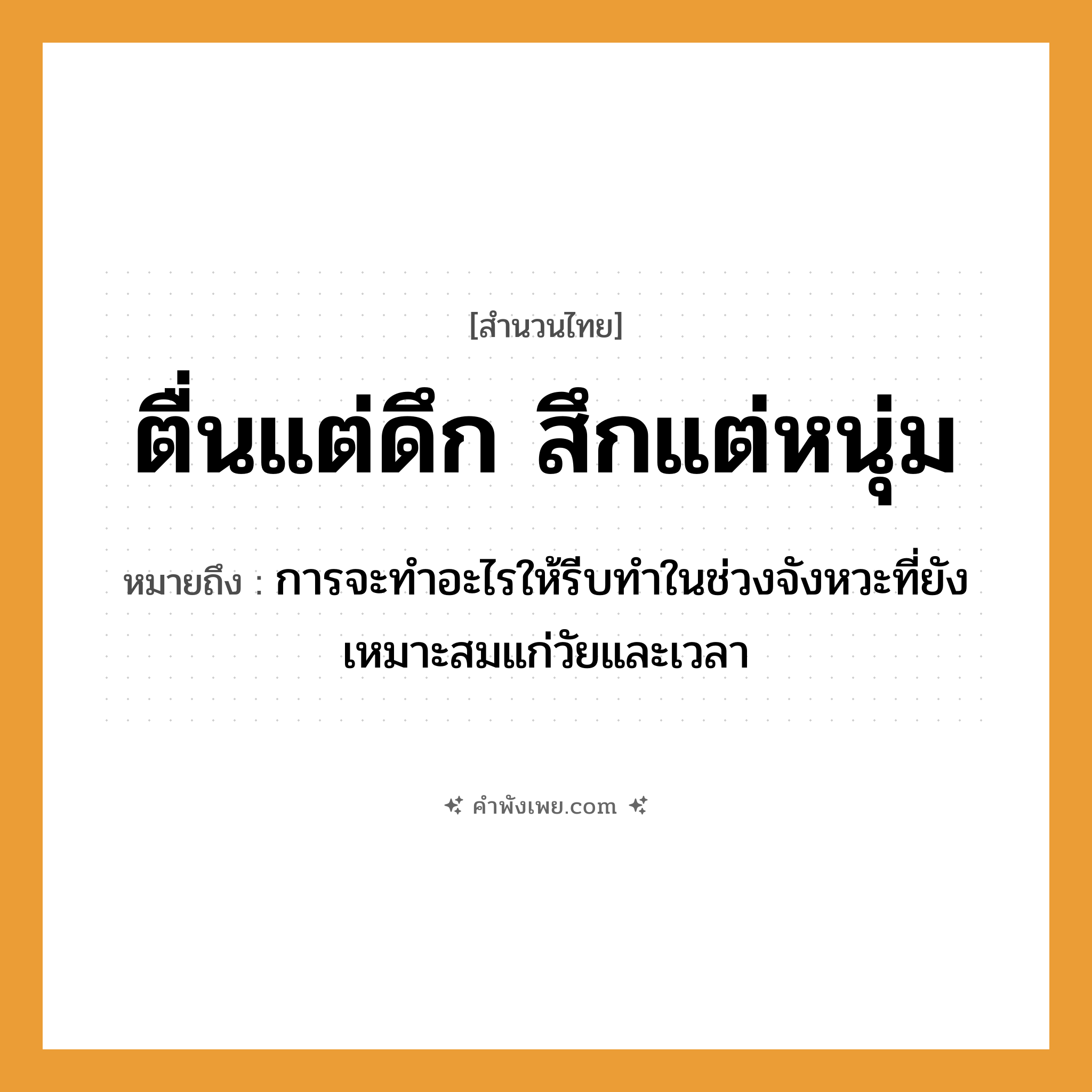 คำพังเพย: ตื่นแต่ดึก สึกแต่หนุ่ม หมายถึงอะไร?, หมายถึง การจะทำอะไรให้รีบทำในช่วงจังหวะที่ยังเหมาะสมแก่วัยและเวลา
