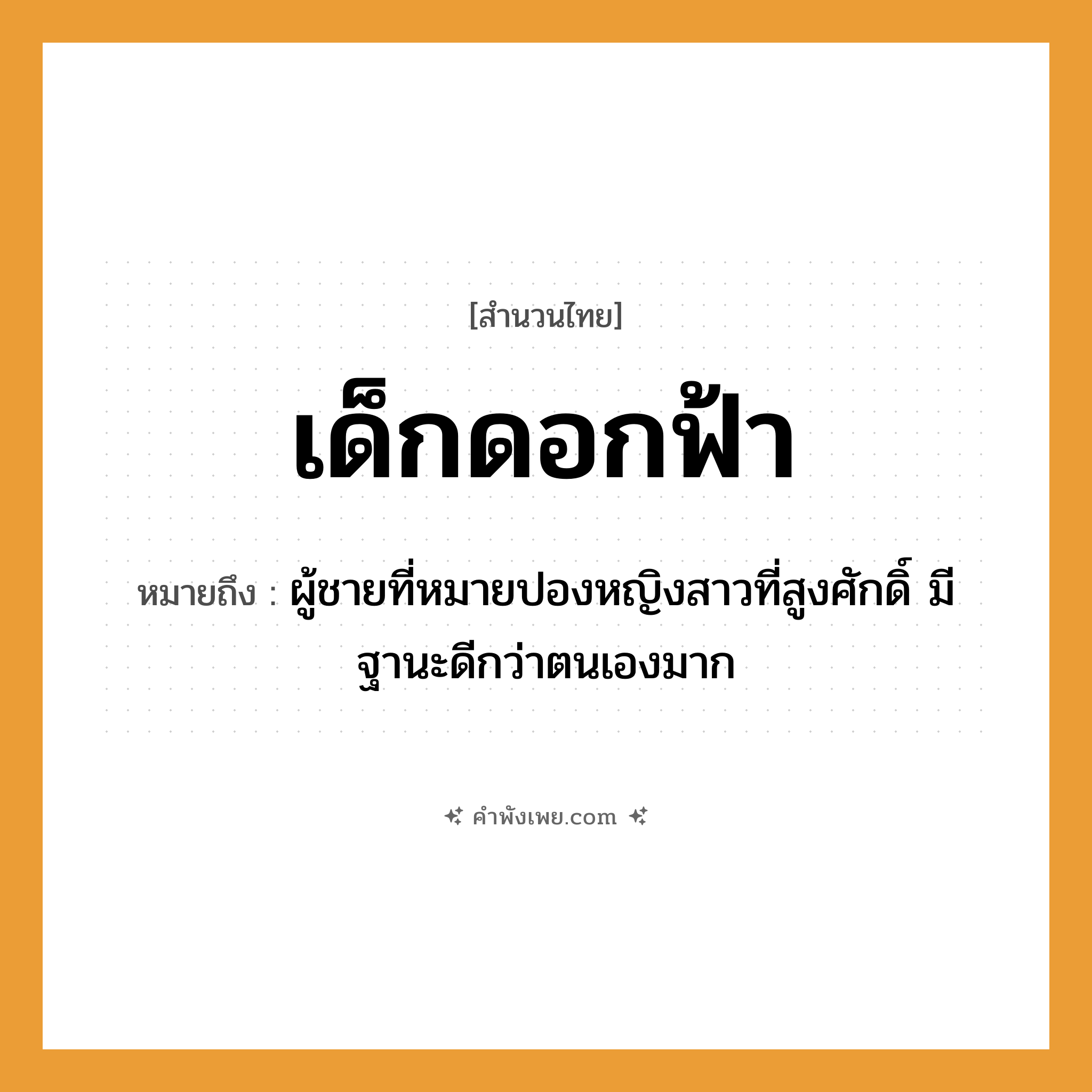 คำพังเพย: เด็กดอกฟ้า หมายถึงอะไร?, หมายถึง ผู้ชายที่หมายปองหญิงสาวที่สูงศักดิ์ มีฐานะดีกว่าตนเองมาก คำนาม เด็ก, ดอกฟ้า ความสัมพันธ์ ความโปรดปราน, การได้รับความเอ็นดู หมวด สำนวนไทย