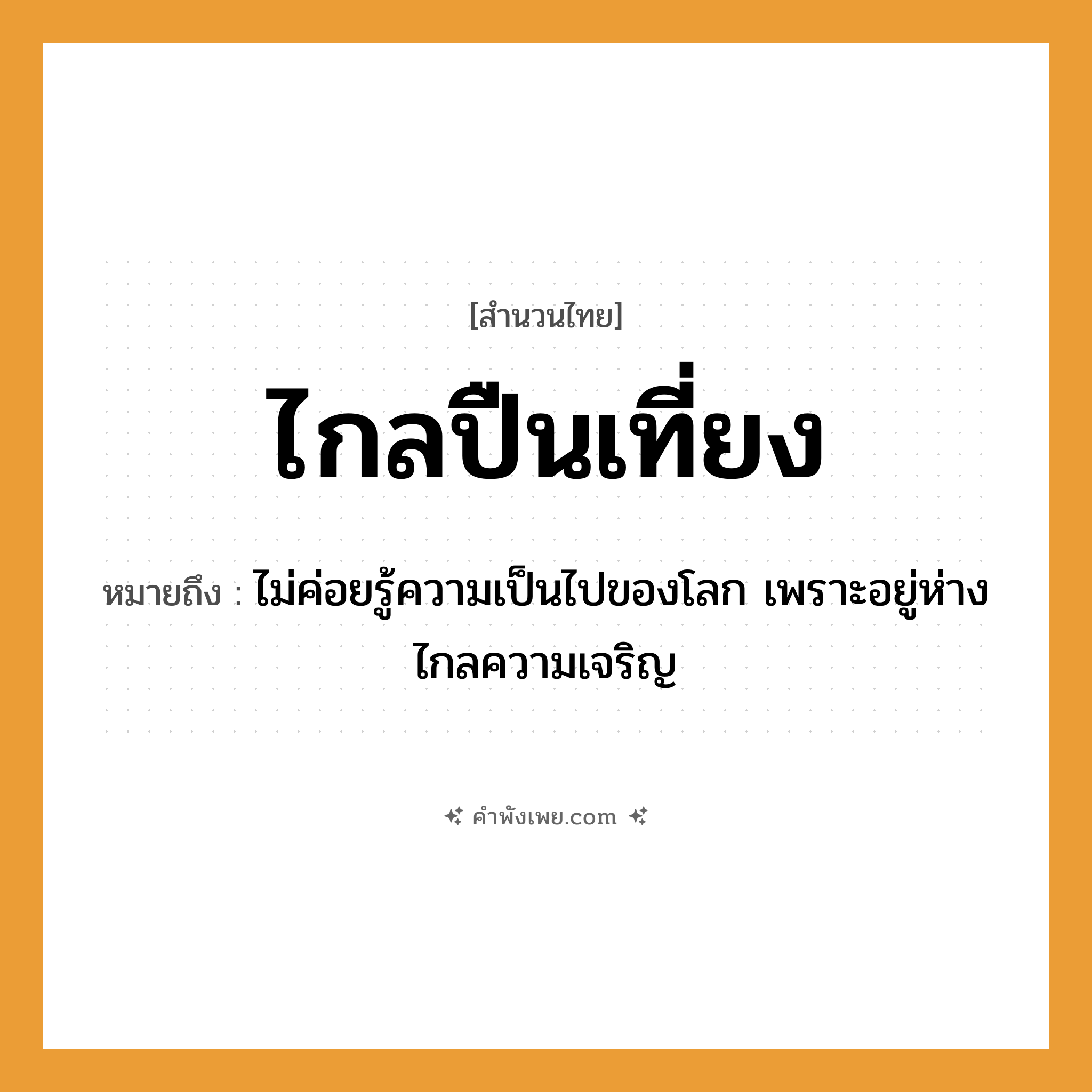 คำพังเพย: ไกลปืนเที่ยง หมายถึงอะไร?, หมายถึง ไม่ค่อยรู้ความเป็นไปของโลก เพราะอยู่ห่างไกลความเจริญ สิ่งของ ปืน คำคุณศัพท์ ไกล, เที่ยง หมวด สำนวนไทย