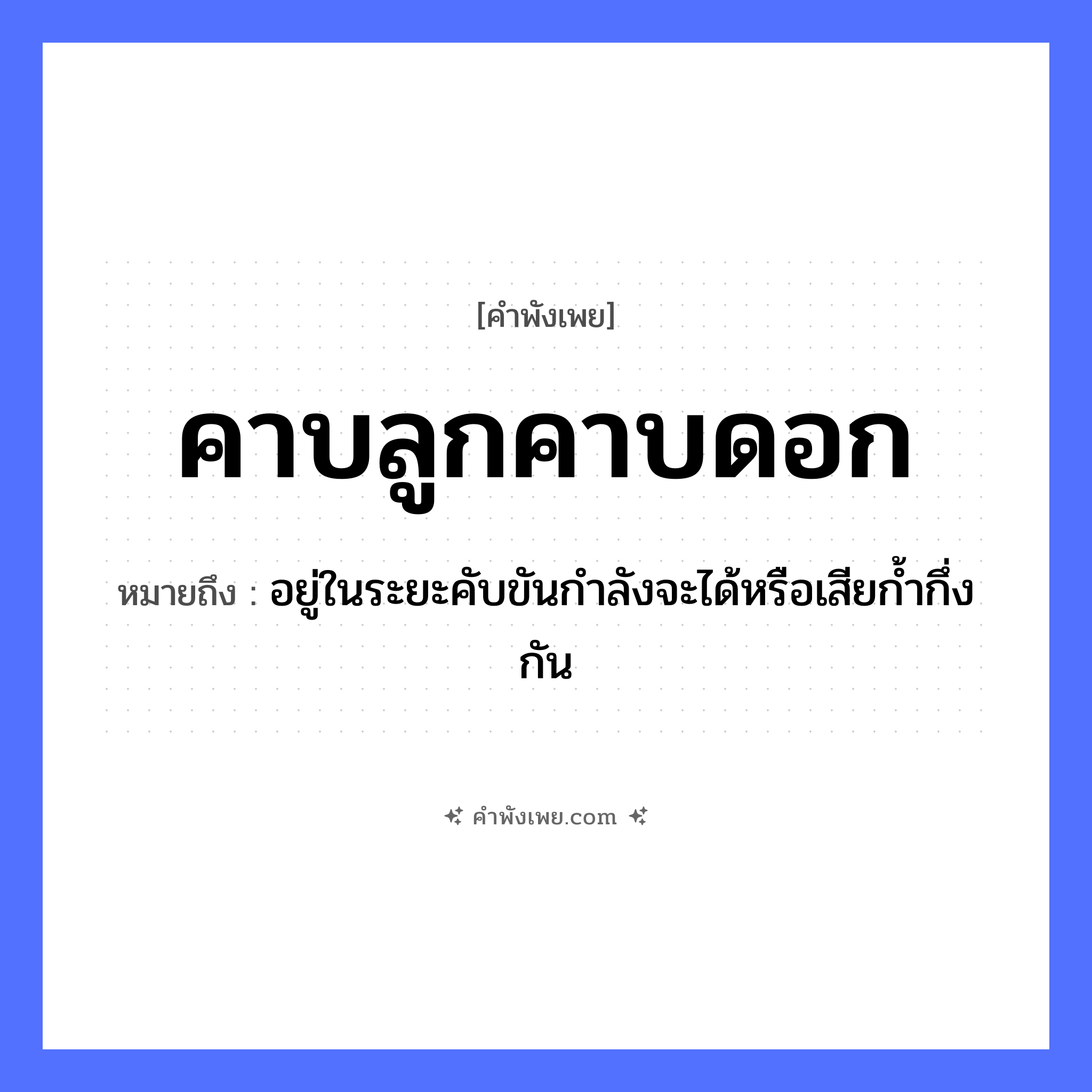 คำพังเพย: คาบลูกคาบดอก หมายถึงอะไร?, หมายถึง อยู่ในระยะคับขันกำลังจะได้หรือเสียก้ำกึ่งกัน สัตว์ นก คำกริยา คาบ ครอบครัว ลูก ธรรมชาติ ดอกไม้ หมวด คำพังเพย