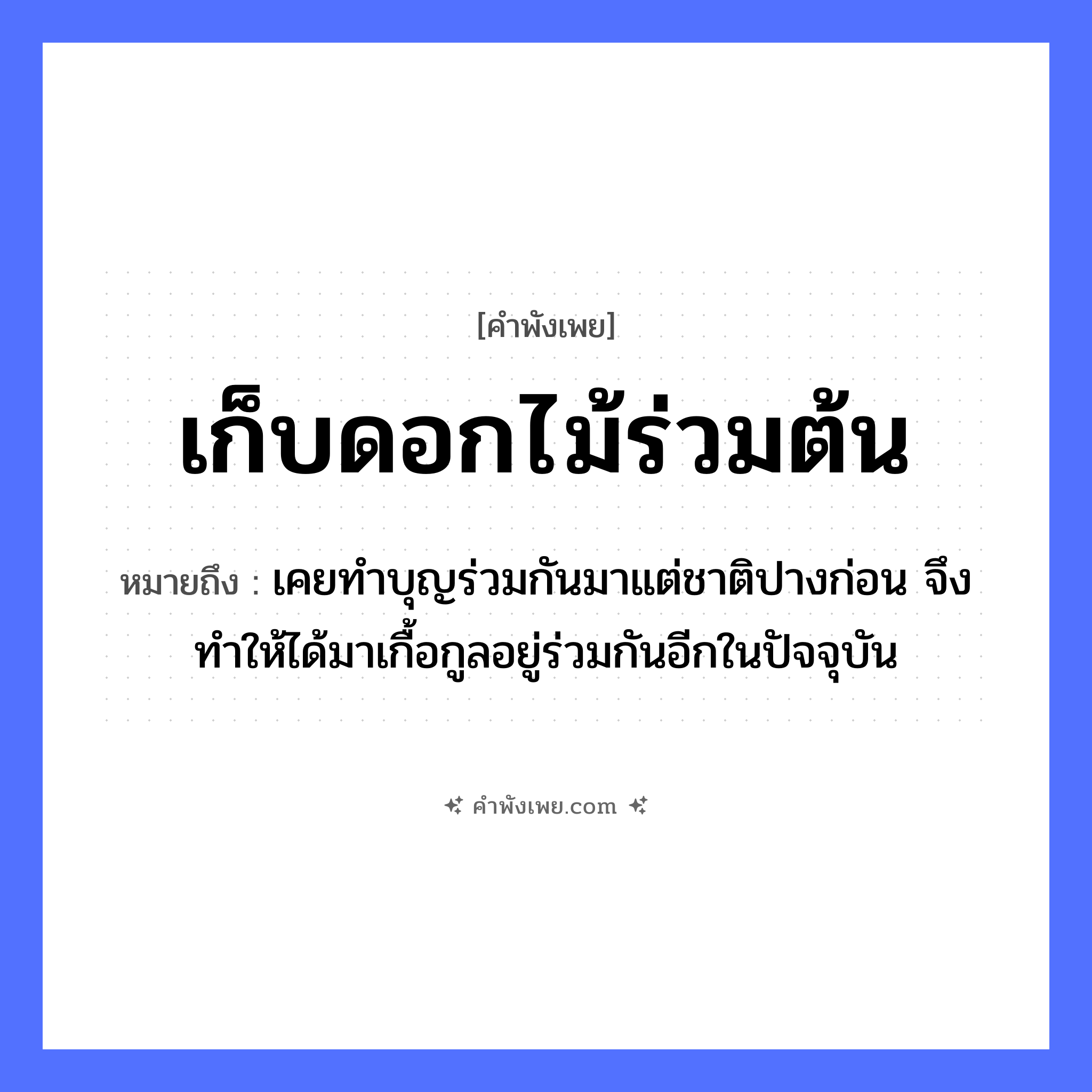 คำพังเพย: เก็บดอกไม้ร่วมต้น หมายถึงอะไร?, หมายถึง เคยทำบุญร่วมกันมาแต่ชาติปางก่อน จึงทำให้ได้มาเกื้อกูลอยู่ร่วมกันอีกในปัจจุบัน คำกริยา เก็บ, ร่วม ธรรมชาติ ดอกไม้, ต้น หมวด คำพังเพย