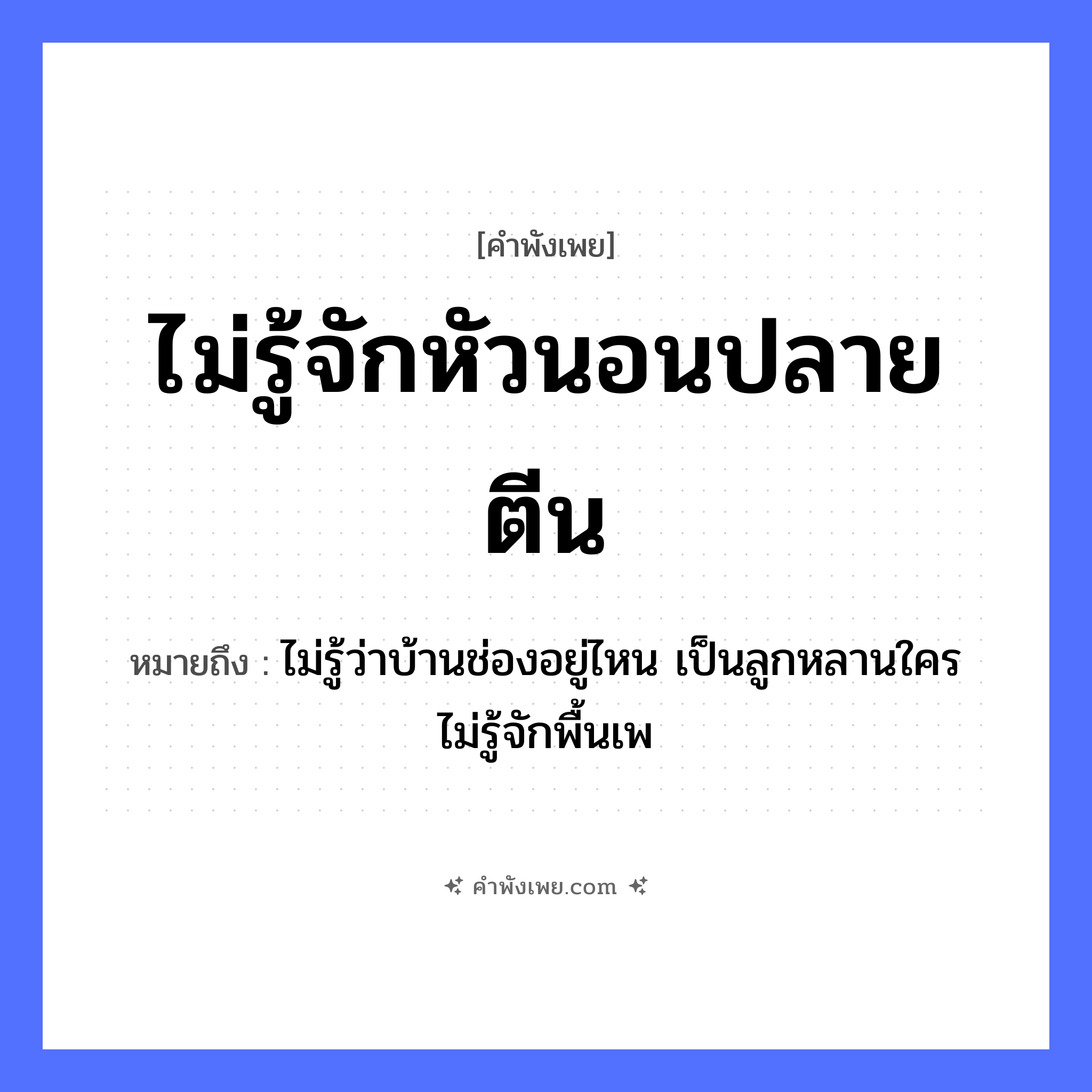 คำพังเพย: ไม่รู้จักหัวนอนปลายตีน หมายถึงอะไร?, หมายถึง ไม่รู้ว่าบ้านช่องอยู่ไหน เป็นลูกหลานใคร ไม่รู้จักพื้นเพ คำนาม ปลาย อวัยวะ หัว, ตีน คำกริยา นอน หมวด คำพังเพย