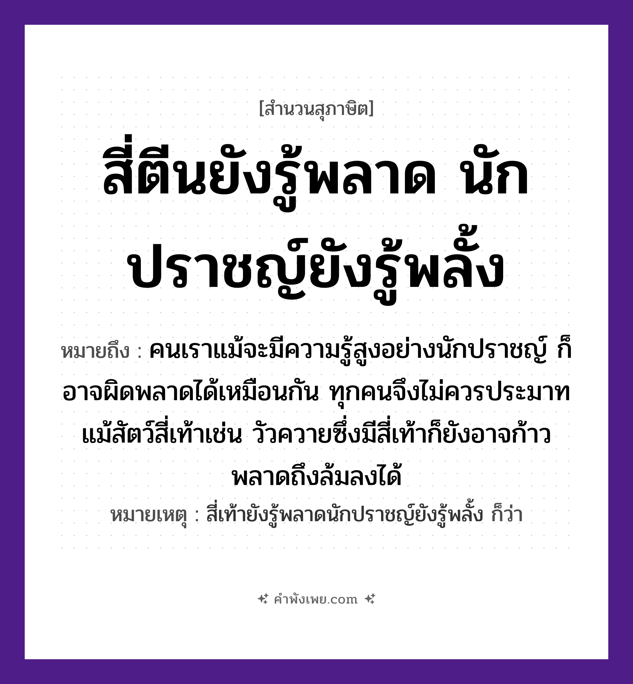 คำพังเพย: สี่ตีนยังรู้พลาด นักปราชญ์ยังรู้พลั้ง หมายถึงอะไร?, หมายถึง คนเราแม้จะมีความรู้สูงอย่างนักปราชญ์ ก็อาจผิดพลาดได้เหมือนกัน ทุกคนจึงไม่ควรประมาท แม้สัตว์สี่เท้าเช่น วัวควายซึ่งมีสี่เท้าก็ยังอาจก้าวพลาดถึงล้มลงได้ หมายเหตุ สี่เท้ายังรู้พลาดนักปราชญ์ยังรู้พลั้ง ก็ว่า สัตว์ สี่ตีน คำกริยา พลาด, พลั้ง บุคคล นักปราชญ์ หมวด สุภาษิต