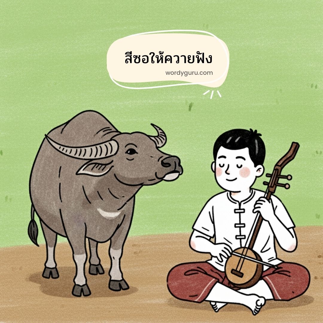 รูปภาพแสดงความหมายเปรียบเทียบของสำนวน สีซอให้ควายฟัง